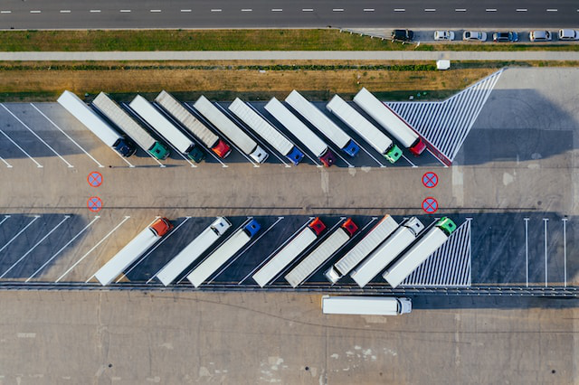 Bird's eye view of multiple parked trucks